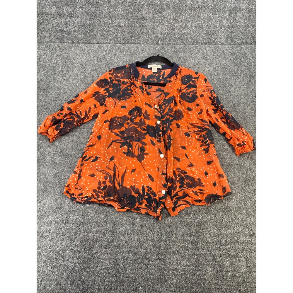 Trinity Silk Blouse Womens Medium Orange Floral Polka Dot 3/4 Sleeve Button Top